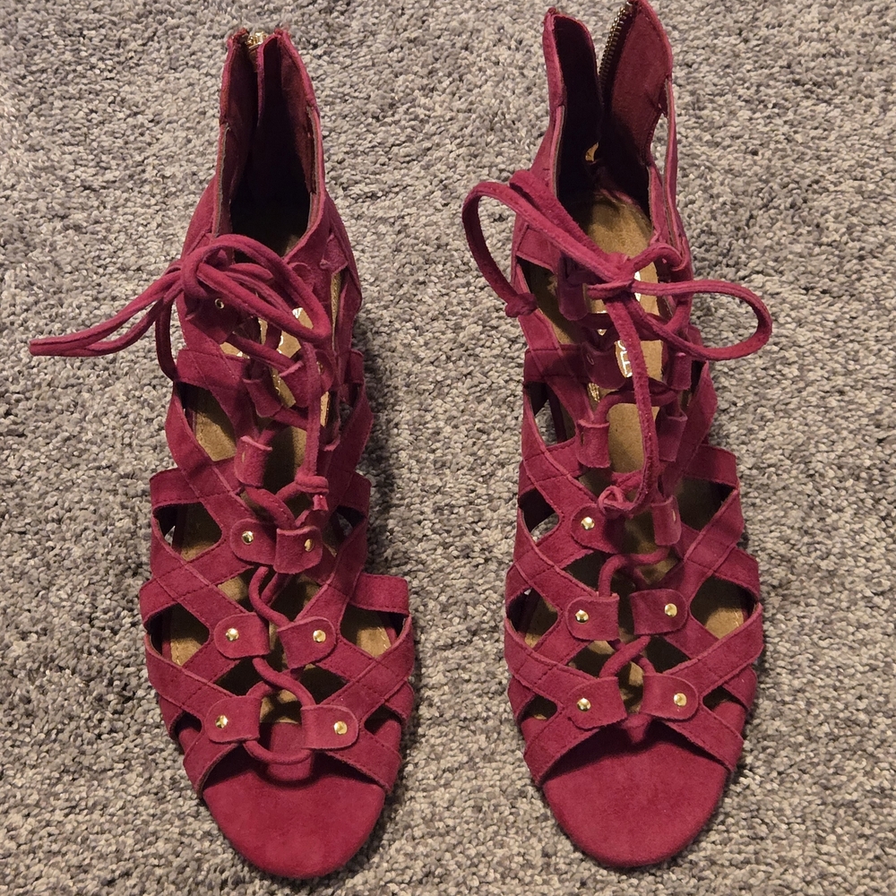 AEROSOLES Burgundy Lace-Up Cutout Heels with Gold Studs